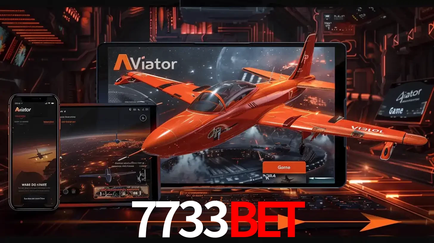 Apresentação tecnológica do jogo Aviator com um avião saindo da tela de um tablet, demonstrando a experiência imersiva em múltiplos dispositivos no 7733bet.