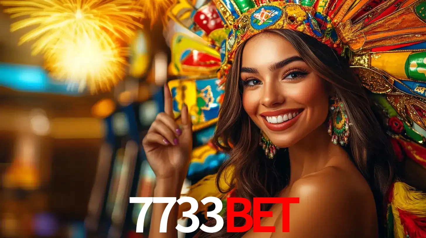 Mulher sorridente com um cocar de carnaval vibrante e colorido, celebrando uma grande vitória nos jogos do cassino 7733bet com fogos de artifício ao fundo.