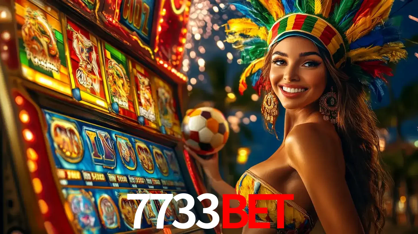 Mulher com um cocar de carnaval ao lado de uma máquina de caça-níqueis enquanto segura uma bola de futebol, mostrando a união da diversão de cassino e esportes no 7733bet.