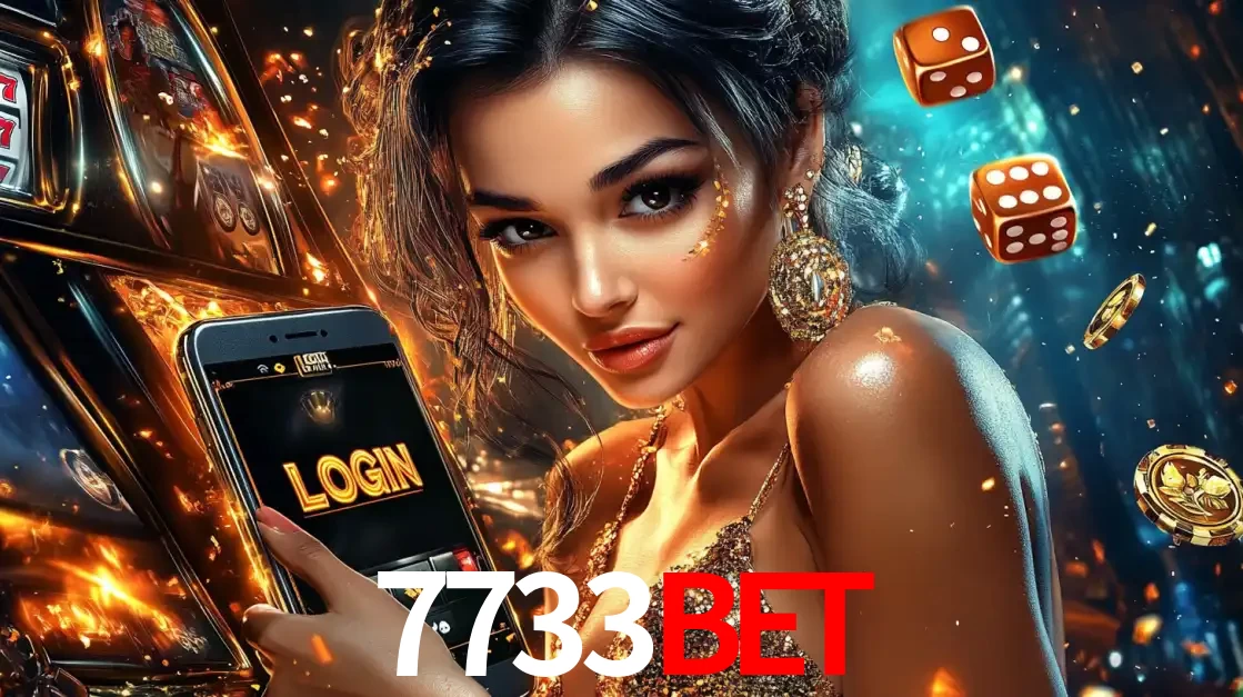 Mulher glamourosa segurando um celular com a tela de login do cassino 7733bet, rodeada por dados e moedas douradas, pronta para começar a diversão.