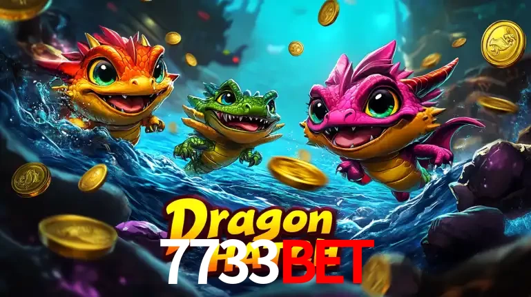 Arte promocional do jogo Dragon Hatch com três adoráveis dragões bebês nadando entre moedas de ouro, um dos slots mais divertidos para jogar no cassino 7733bet.
