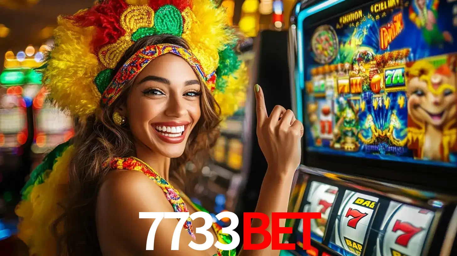 Mulher animada com um cocar de carnaval apontando para uma máquina de caça-níqueis, mostrando a emoção de ganhar um grande prêmio nos jogos do 7733bet.