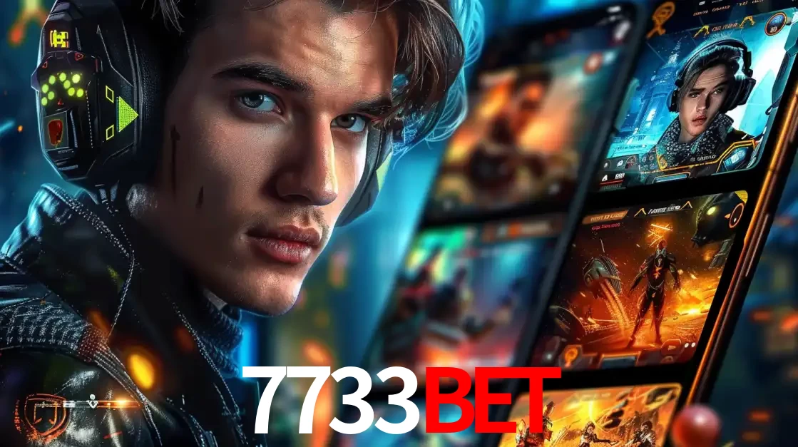 Jovem jogador com fones de ouvido olhando para a câmera, com um aplicativo de jogos e e-sports para celular ao fundo, pronto para a competição e apostas no 7733bet.