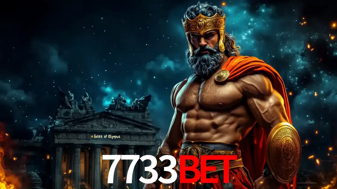 O poderoso Zeus do jogo de slot Gates of Olympus em frente ao seu templo, pronto para lançar multiplicadores divinos e prêmios épicos no cassino online 7733bet.