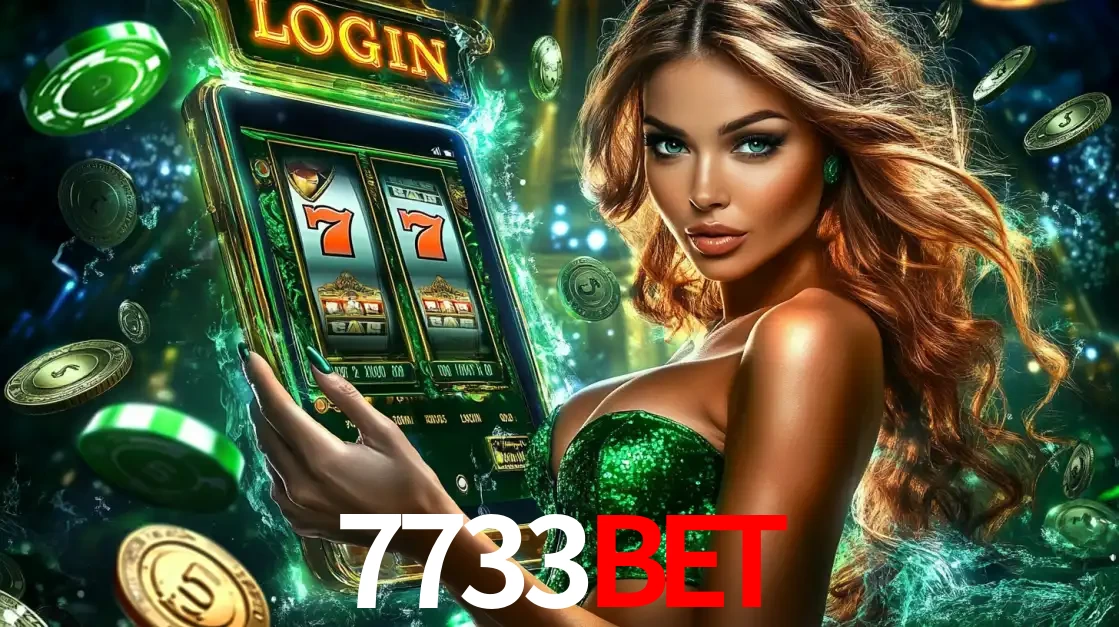Mulher com tema verde apresentando o aplicativo do cassino 7733bet com um jogo de slot de 777, cercada por fichas de cassino e uma aura de sorte.