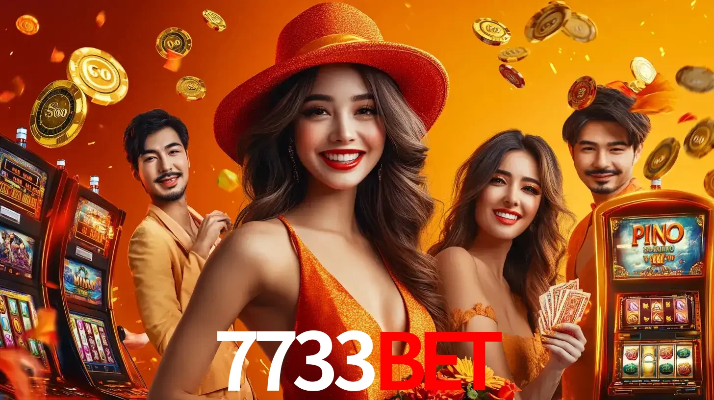 Grupo de amigos asiáticos sorrindo e se divertindo com máquinas de caça-níqueis em um ambiente festivo, celebrando suas vitórias nos jogos de cassino do 7733bet.
