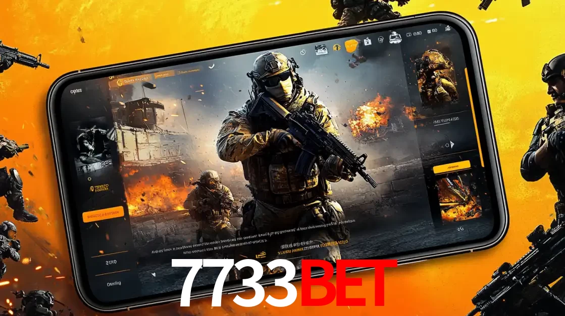 Um smartphone exibindo a interface de um jogo de tiro em primeira pessoa, com um soldado em um cenário de batalha, representando a ação dos e-sports para apostar no 7733bet.