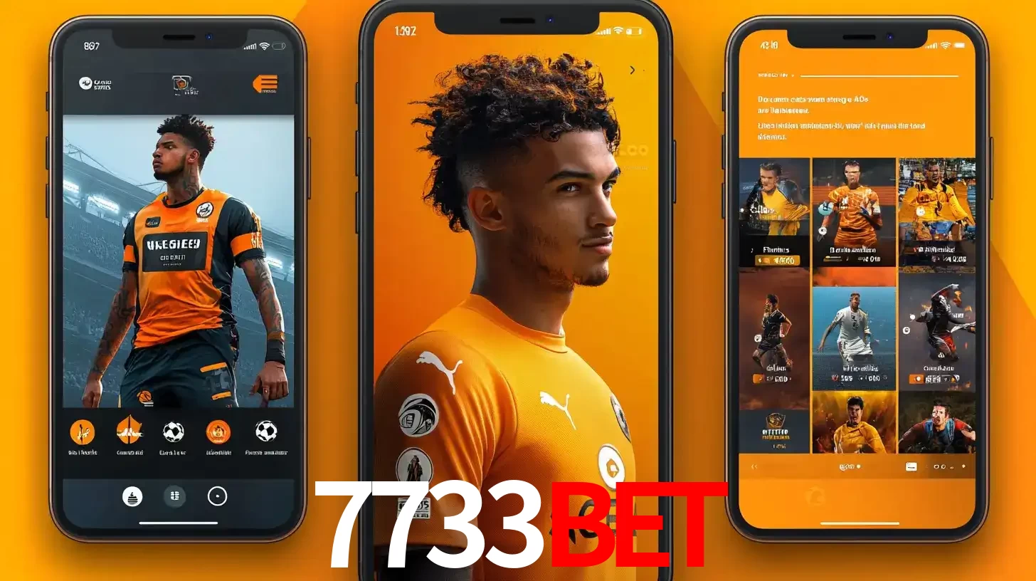 Interface do aplicativo de apostas esportivas 7733bet em três telas de celular, mostrando o perfil de um jogador de futebol e a lista de jogos disponíveis para apostar.