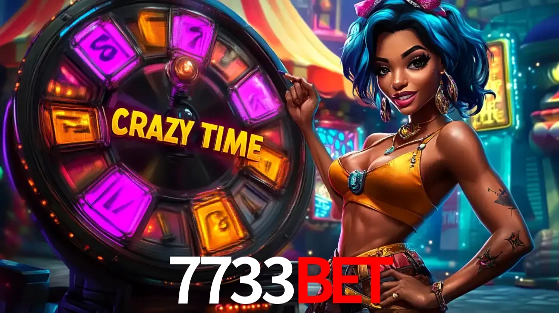 Mulher estilizada com cabelo azul e visual vibrante posando ao lado da roda de prêmios do game show Crazy Time, convidando para a diversão e os bônus do cassino 7733bet.