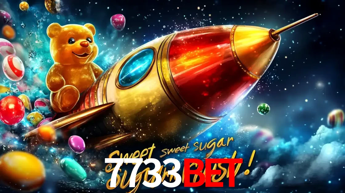 Arte promocional do jogo de slot Sugar Rush, com um urso de pelúcia em um foguete viajando pelo espaço de doces, um dos jogos divertidos disponíveis no cassino 7733bet.