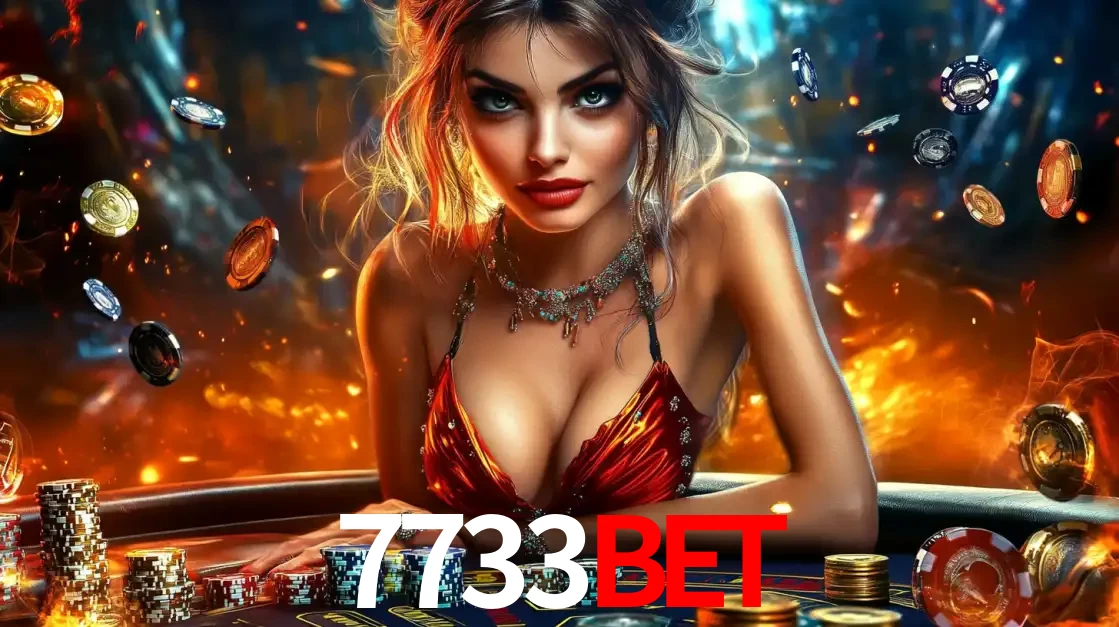 Mulher em uma mesa de cassino com pilhas de fichas e um fundo de fogo, pronta para uma rodada de altas apostas nos jogos de mesa emocionantes do cassino 7733bet.