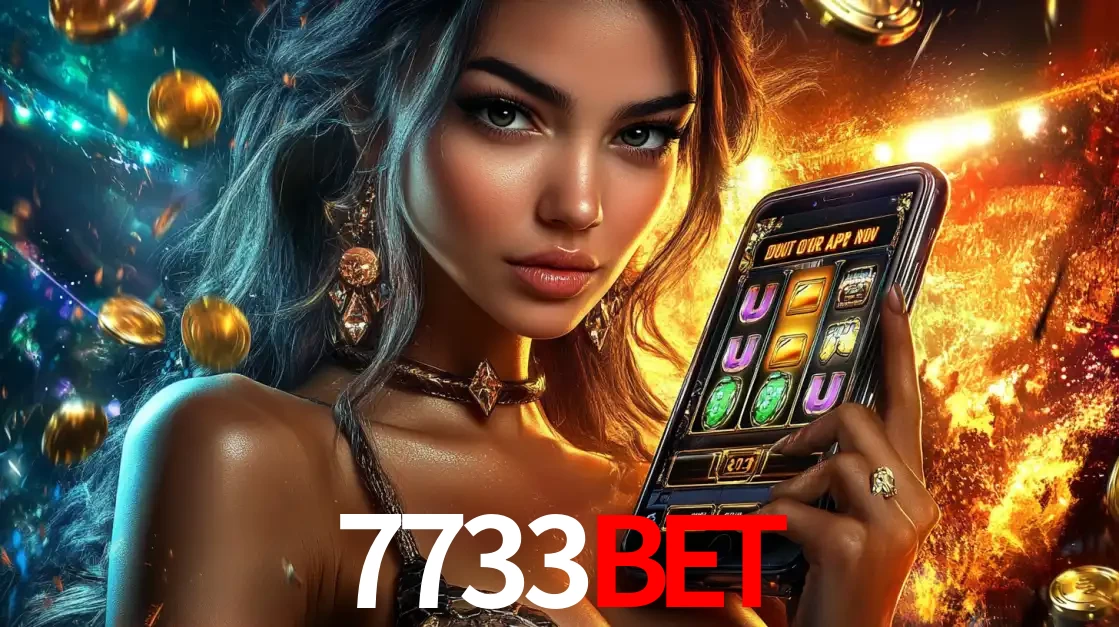Mulher elegante mostrando um jogo de caça-níqueis em seu smartphone, destacando a experiência de cassino móvel oferecida pelo aplicativo 7733bet.