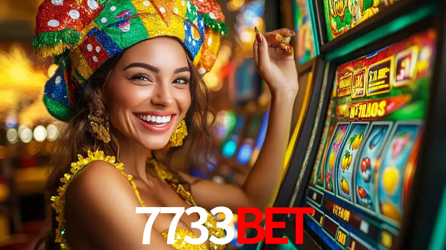 Mulher feliz com traje de carnaval amarelo e colorido ao lado de uma máquina de caça-níqueis, aproveitando a diversão e os jogos temáticos do cassino 7733bet.