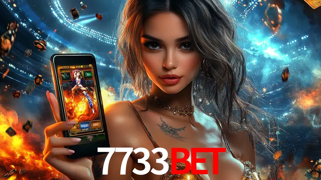 Mulher segurando um celular com um jogo de slot em destaque, tendo como fundo um estádio vibrante, simbolizando a emoção de jogar no cassino móvel 7733bet.