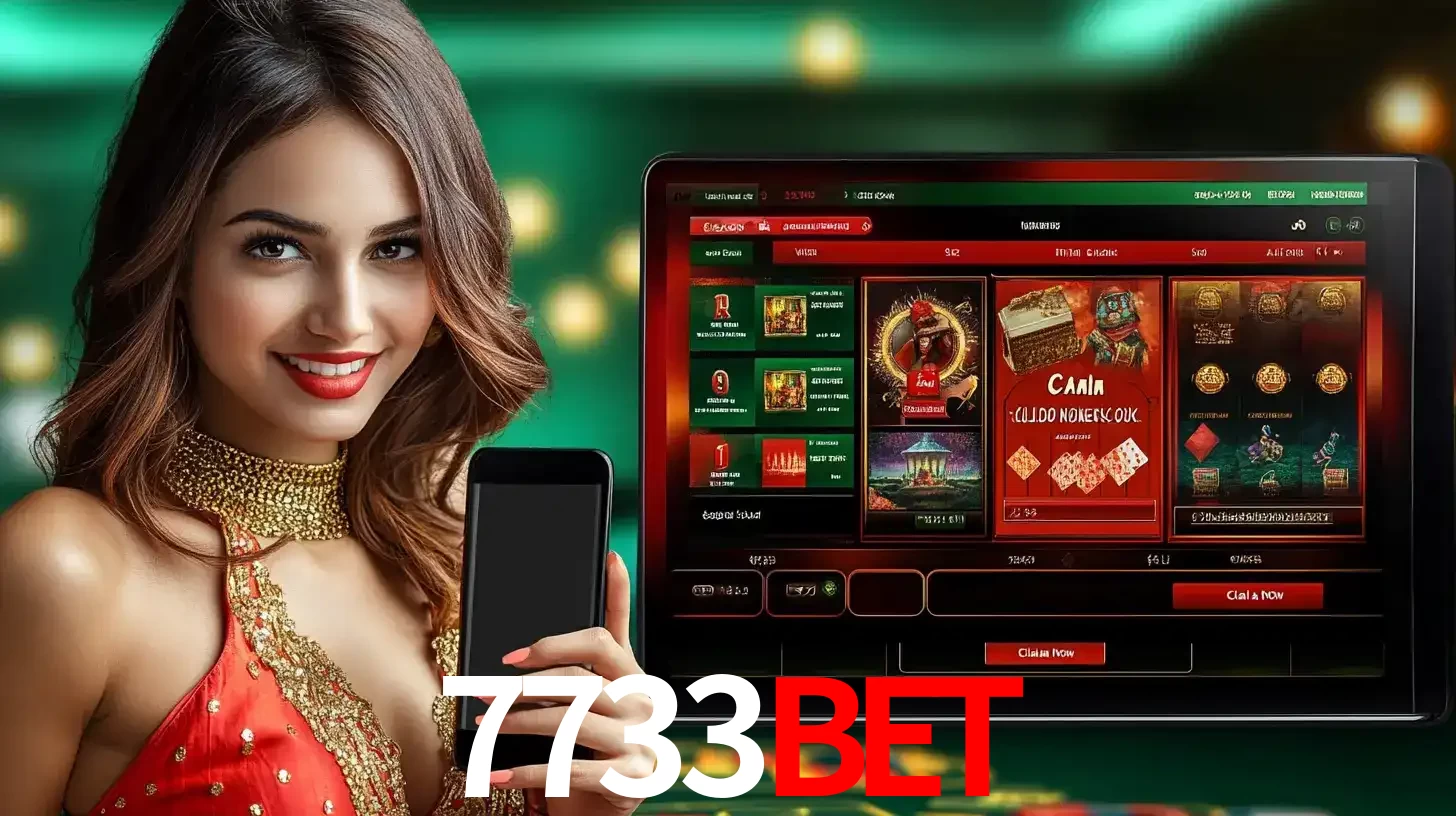 Mulher sorridente segurando um smartphone, ao lado de uma tela exibindo o lobby de jogos do cassino online 7733bet, com várias opções de jogos de cartas e slots.